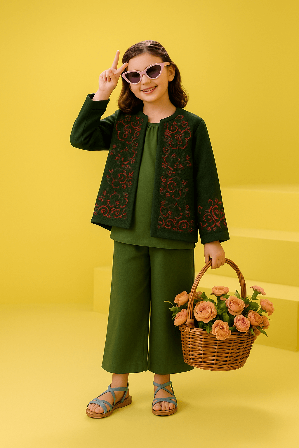 Girls' Casual Embroidered Coat Green